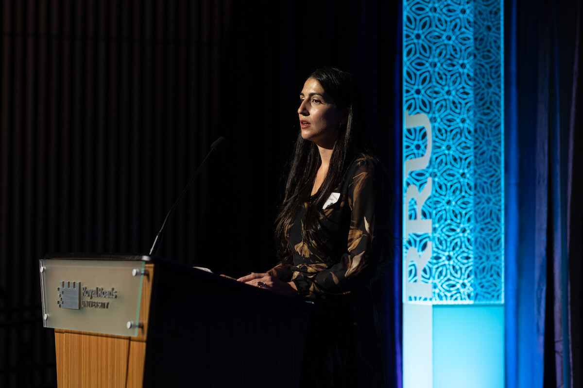 Emily Mulroney speaking at the Founder's Dinner - close shot - RRU Budh Singh and Kashmir Kaur Dhahan Scholarship scholarship recipient