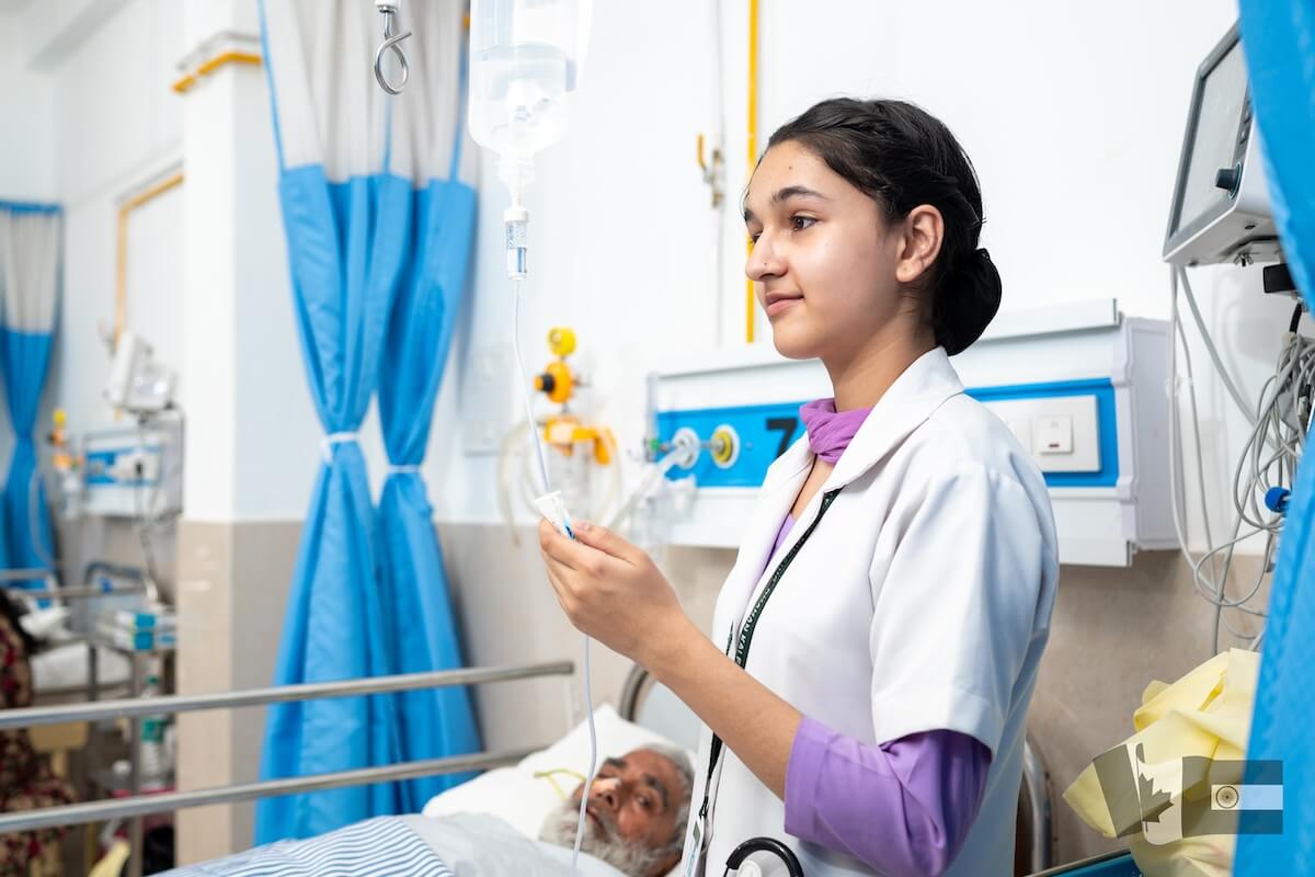 Nursing student clinical practice checking IV