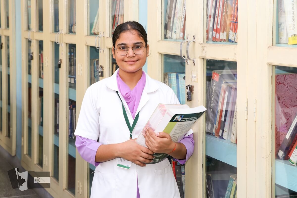 Savitri - GNM nursing bursary recipient in library Guru Nanak College of Nursing in Punjab